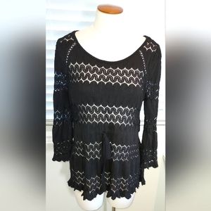 Free People Black Boho 3/4 Sleeve Pheasant Top Pre-owned